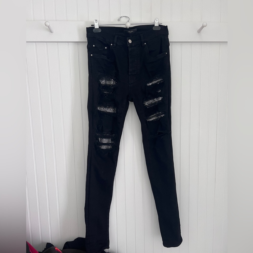 $2590 Rare Authentic Amiri Crystals with Ripped Details Skinny Jeans
